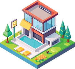 isometric view of a residential building, isometric view of a modern building, 3d rendering of modern cozy house with parking and pool, modern house