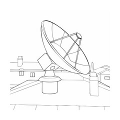 A simple black and white illustration of a satellite dish on a rooftop and buildings.