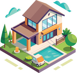 isometric view of a residential building, isometric view of a modern building, 3d rendering of modern cozy house with parking and pool, modern house