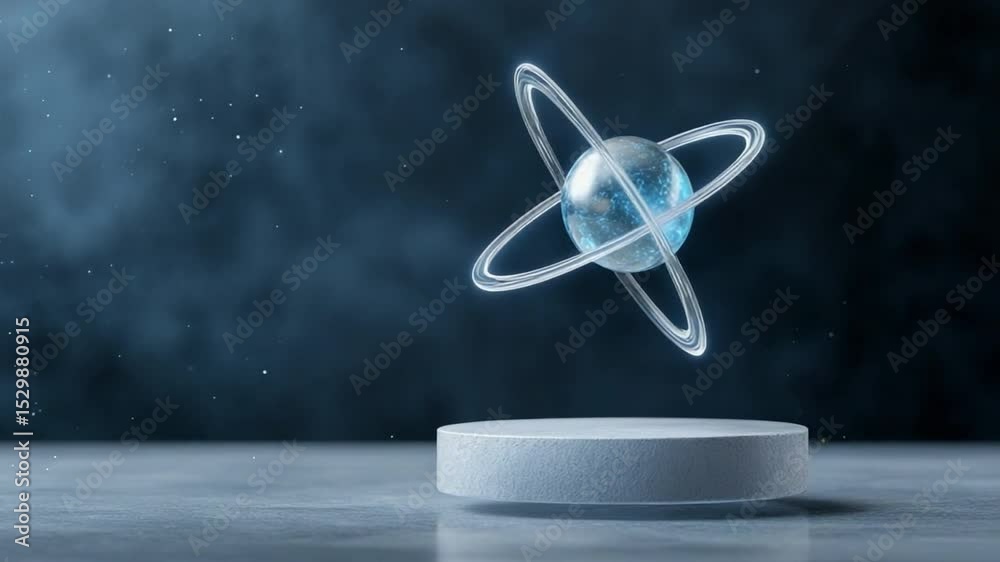 Poster celestial orb display: an ethereal, luminous orb with orbiting rings floats gracefully above a minim