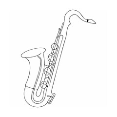 Simple minimalist outlined drawing of a saxophone musical instrument isolated on white background