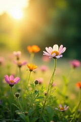 Sun-kissed wildflowers dance in gentle breeze, soft focus backdrop , romantic, spring, peaceful