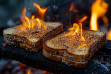 Toasted bread slices burning over a campfire, capturing a moment of unintended culinary disaster while illustrating the themes of nature and survival in outdoor living.