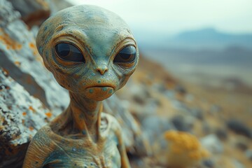 A detailed alien figure sits contemplatively on rocky terrain in a vast and desolate desert landscape, invoking curiosity about life beyond Earth and the mysteries of the universe.