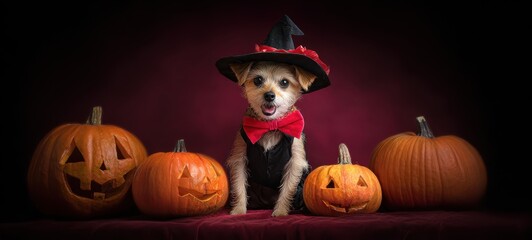 Fototapeta premium The adorable dog in a witch costume surrounded by smiling pumpkins.