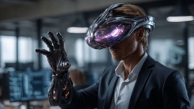 Businessman presenting futuristic business world metaverse graphic. In the form of innovation in digital business processing technology, innovation of the 21st century	