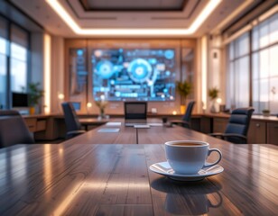 Modern corporate boardroom, a coffee cup on a wooden table. In the background, a digital screen graphics, high-tech business meetings, and global communication. Ideal for corporate, and technology.