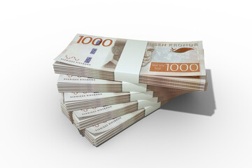 3d rendering of Stack of 1000 Swedish Krona notes. Few bundles of Swedish Krona currency isolated on transparent background.