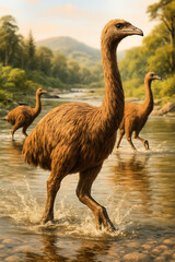 Extinct Moa Bird Flock Crossing an Ancient River