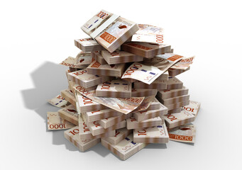 Big pile of  Swedish Krona notes. A lot of money isolated on transparent background. 3d rendering of bundles of cash