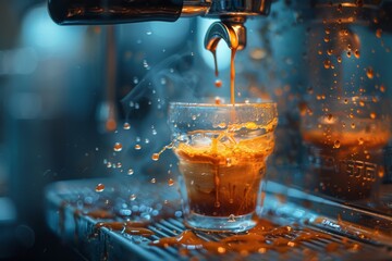 An energetic scene captures freshly pulled espresso shot with droplets splattering, showcasing the artistry of coffee-making and the vibrant culture surrounding coffee bars.