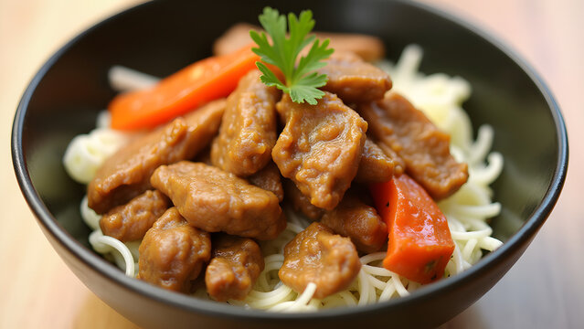 A bowl of food with meat and vegetables