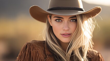 Close-up portrait of a stunning cowgirl in golden hour light, wearing a stylish wide-brimmed hat slightly tilted, a leather fringe jacket, and a touch of dust on her sun-kissed skin