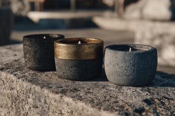 Naklejka premium Three candles in textured stone-like holders.