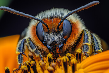 Close-up of a honeybee on a sunflower in summer, macro detail, vibrant natural colors, sharp textures