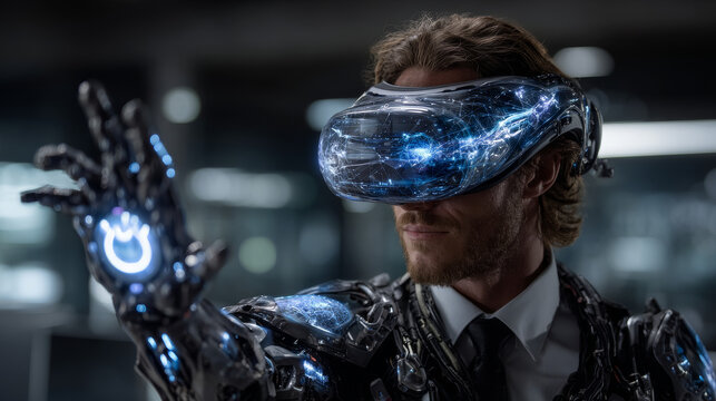 Businessman presenting futuristic business world metaverse graphic. In the form of innovation in digital business processing technology, innovation of the 21st century	