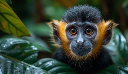 Fototapeta premium An enchanting close-up of a monkey with striking features peering through lush foliage, representing the wonders of wildlife and the beauty of nature.