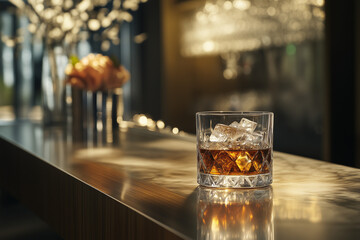 Glass of whiskey with ice on wooden bar counter, dim lighting