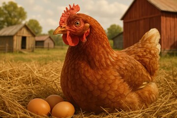 A hen with red feathers sits on a nest of straw with three eggs in front of her. Rural buildings are visible in the background, creating an atmosphere of tranquility and comfort in the countryside.