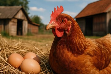 A hen with red feathers sits on a nest of straw with three eggs in front of her. Rural buildings are visible in the background, creating an atmosphere of tranquility and comfort in the countryside.