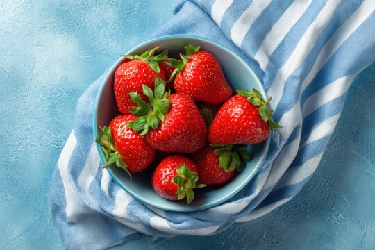 Fresh strawberries in a light blue bowl. - Powered by Adobe