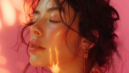 A serene woman with a soft expression showcases her natural beauty under warm light, emphasizing the glow of her skin and the gentle flow of her hair in an intimate moment.