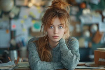 A beautiful young woman with natural makeup rests her chin on her hand, looking pensively into the distance amidst a cluttered workspace filled with inspiration and ideas.