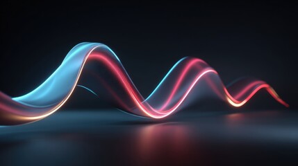 Vibrant light waves in shades of blue, red, and orange flow gracefully across a dark background, producing a captivating visual display. The smooth curves enhance the dramatic contrast.