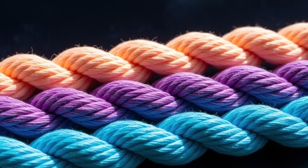 A close up shot of braided rope in peach purple and blue colors against a dark background in sunlight
