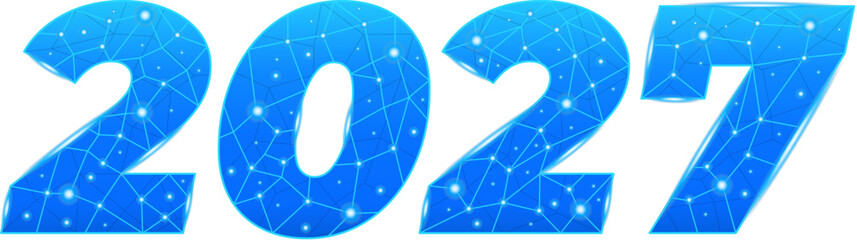 Futuristic digital design of the year 2027 with a glowing blue grid style and transparent background, ideal for creative projects, future technology themes, and modern New Year celebrations