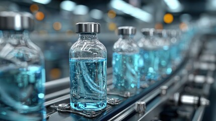 A line of glass bottles filled with clear blue liquid steadily moves along a conveyor belt in a contemporary manufacturing plant. The environment is bright and industrial.