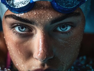 close-up portrait of female swimmer with goggles, generative ai