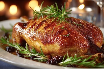 Rosemary sprigs garnish a whole roasted duck served on a white plate with berries and juices, creating a festive christmas dinner centerpiece in front of glowing candles