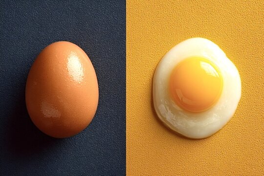 One whole brown egg lies on a dark textured surface next to a fried egg on a bright yellow textured surface, creating a contrasting before-and-after cooking visual