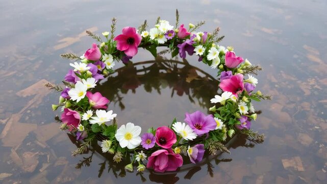 flower wreath floating on river at midsummer festival in sweden, summer solstice day, celtic tradition, june 20, water