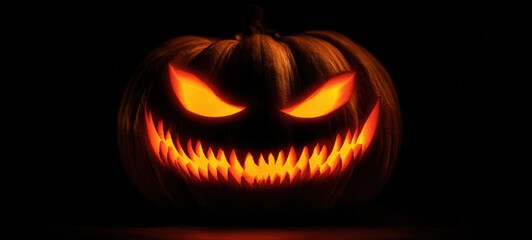 Naklejka premium The glowing jack-o'-lantern with a sinister grin illuminating the dark.