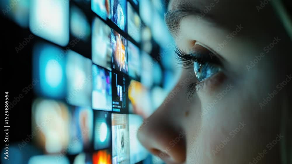 Poster Close-up of a person looking at multiple televisions, with various programming playing