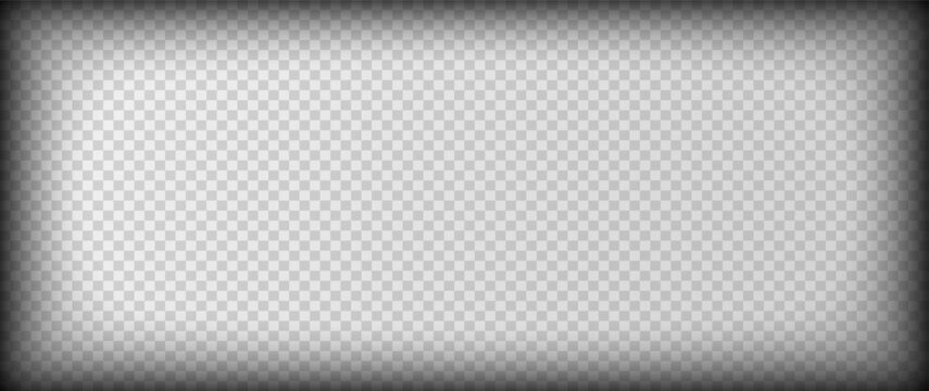 Black vignette background on transparent background. Design element for advertise, casino, photo, movie Soft light radial gradient vignette overlay. Vector illustration