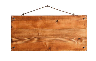 Empty wooden sign hanging on white wall with string