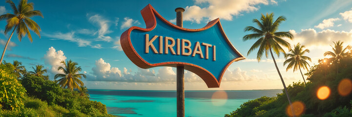 on the pole there is a direction arrow with the inscription Kiribati against the background of a picturesque summer landscape 