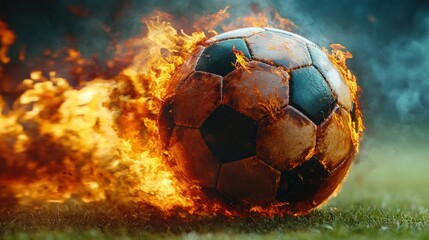 Fototapeta premium Burning soccer ball on a field
