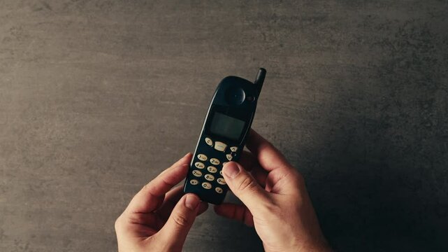 80s 90s retro vintage cell phone being used by a young adult woman, taking old mobile phone with antenna from jeans pocket.