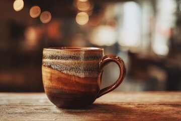 Fototapeta premium A warm, handcrafted mug sits on a wooden surface.