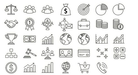 A collection of business and finance icons in a line art style on a white background design element