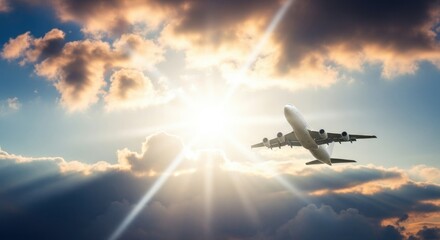 Fototapeta na wymiar Airplane flying through the sky with the sun shining brightly behind the clouds in the background view