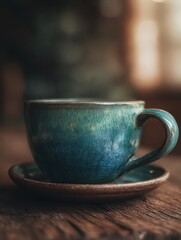 Teal ceramic coffee cup and saucer on a wooden table.
