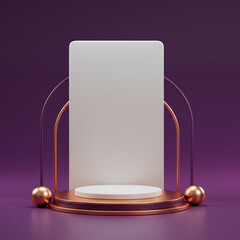 Purple and pink podiums with a gold ring, arch, and spheres on a dark purple background. Luxurious stage offering an elegant, rich display. Perfect for premium or cosmetic products.