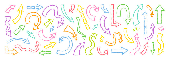Color Arrow. Line bold brush vector arrow icon. Thick hand drawn line pencil element. Crayon color doodle paint set. Abstract shape. Curve sketch sign bg. Pastel brush cute marker scribble background