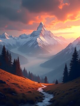 AI generated Swiss Alps snowy mountain range with valleys and meadows, countryside in Switzerland landscape. Golden hour majestic fiery sunset sky, travel destination wallpaper background