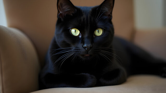 A stunning black cat with piercing green eyes is seen relaxing on a comfortable armchair.